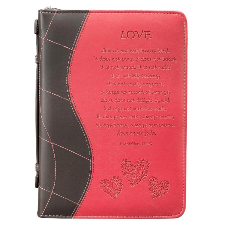6006937092952 Pink Faux Leather Bible Cover for Women Love Is - 2 Corinthians Large Zippered