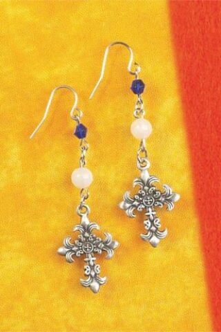 714611175438 Small Fancy Bud Cross With Pearl And Sapphire Drop (Earring)