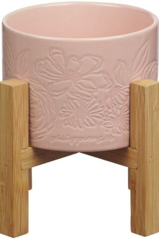 1220000327597 Pink Ceramic Table Top Planter Pot & Removable Bamboo Wood Stand for Women