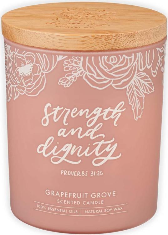 1220000328310 Strength And Dignity Grapefruit Scented Candle In A Peach Glass Jar Proverb